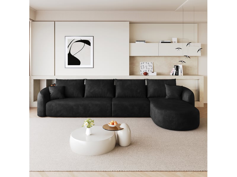 Canapé d’angle droit modulable 5 places en chenille noire 336x168x85 cm - Conforama B