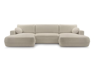 Canapé d'angle panoramique convertible <strong>AX LIVING </strong> <strong>Peoni</strong> 5 places Velours beige avec coffre de rangement