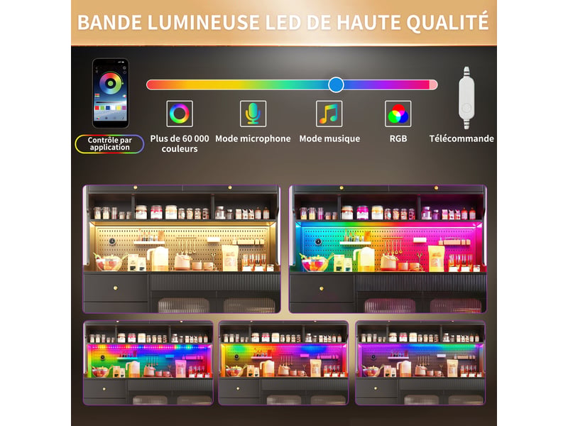  Meuble de cuisine muvano, buffet haut noir avec éclairage intégré, 145 x 39 x 171 cm  - Conforama E