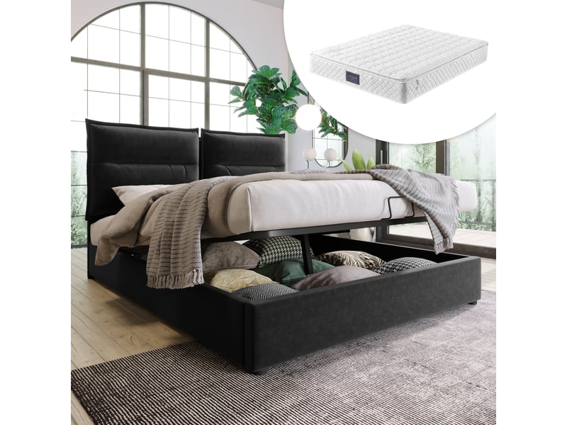  Lit coffre 140x200 cm - lit coffre capitonné double avec tête de lit ajustable et coffre hydraulique, velours noir, matelas inclus  - Conforama D