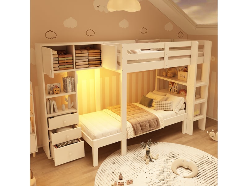  Modenvie lit superposé 90x200 cm - avec rangement intégré, veilleuse led, sans matelas - blanc  - Conforama E