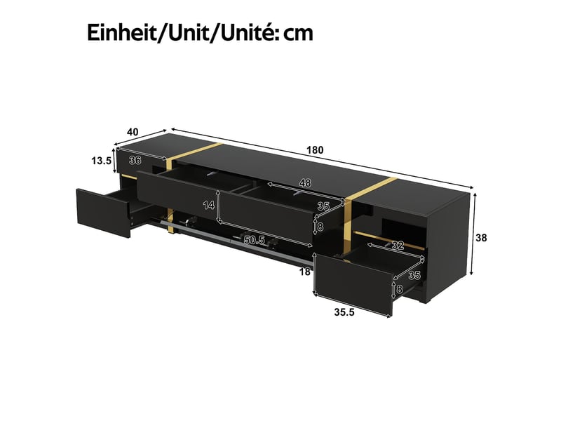  Meuble tv avec portes et tiroirs mdf et panneau de particules noir et doré 180x40x38 cm - pangivo  - Conforama C