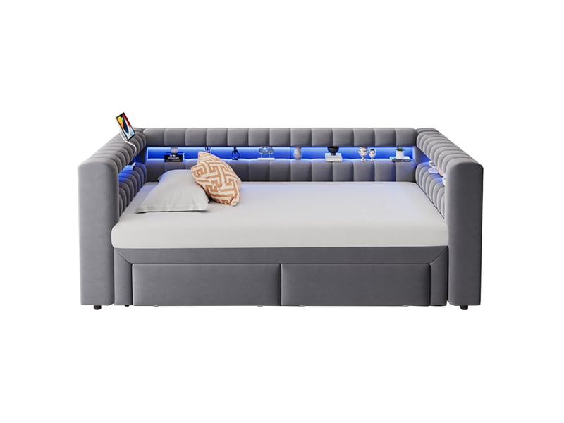  Canapé-lit modenvie 90 x 190 cm extensible 180 x 190 cm avec 2 tiroirs, rangements intégrés, led, usb et type-c, velours gris foncé  - Conforama D