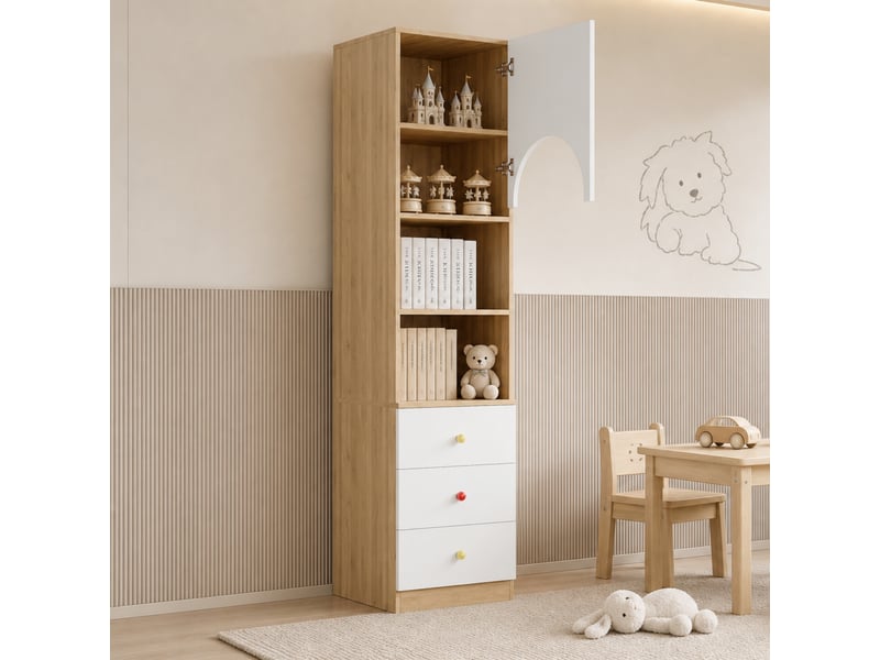  Bibliothèque haute avec 3 tiroirs et 3 étagères, 50 x 50 x 200 cm, mdf blanc et bois  - Conforama E