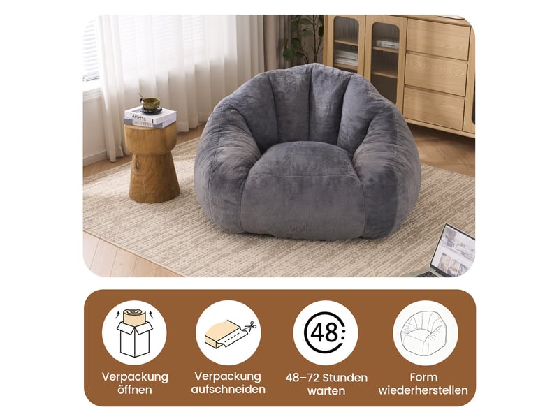 Fauteuil poire modenvie en fausse fourrure, mousse haute densité, gris clair, 111 x 123 x 75 cm  - Conforama E