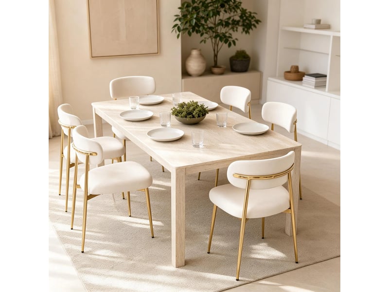  Lot de 6 chaises de salle à manger rembourrées blanches, dossier incurvé, pieds en métal doré, patins réglables, charge 125 kg, design moderne  - Conforama B