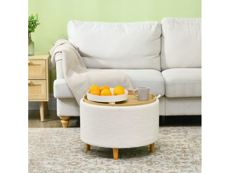  Pouf de rangement rond 56 x 56 x 42 cm blanc en polyester, couvercle rabattable, salon ou chambre  - Conforama B