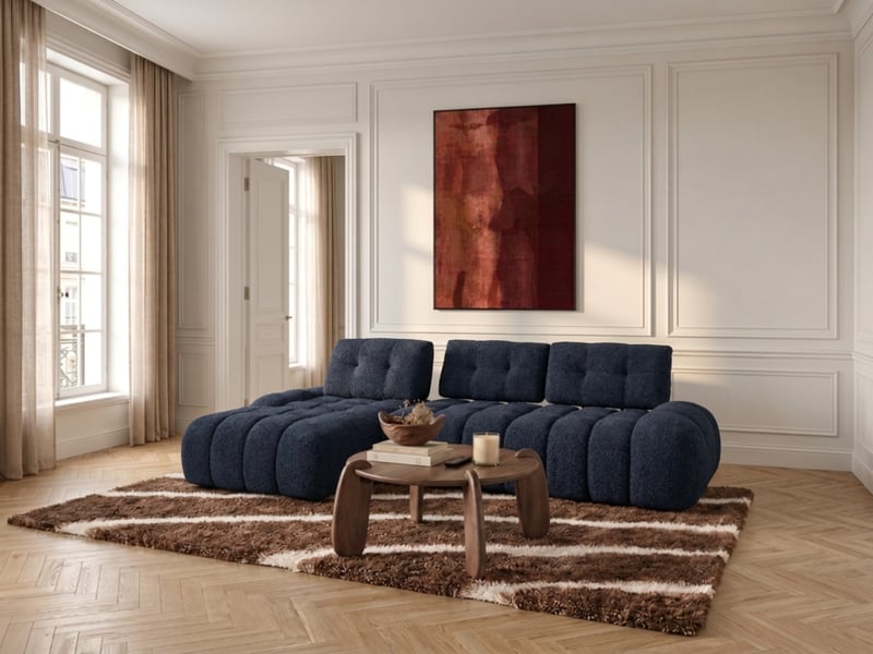  Bobochic canapé d'angle avec dossier avance recule apollon en tissu bouclette bleu  angle gauche APOLLON - Conforama D