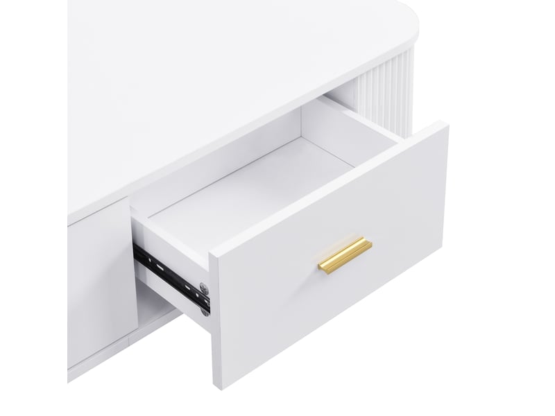  Table basse 105x51x38 cm 4 tiroirs grand rangement bords arrondis sécurité coulissant mdf poignées pieds dorés blanc  - Conforama E