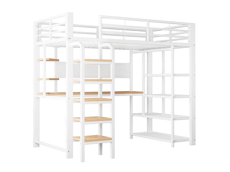 Lit mezzanine, 90 x 200 cm, avec panneau perforé, bureau avec prise électrique, éclairage led multicolore,blanc - Conforama E