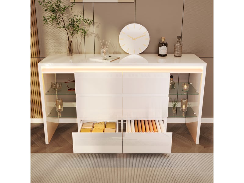 Buffet bas 155x40x80 cm avec led multicolore via appli, 6 tiroirs, 4 étagères en verre, finition blanc brillant, meuble de rangement salon - Conforama D