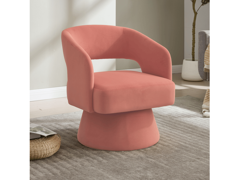  Fauteuil pivotant en chenille avec dossier ouvert et assise rembourrée, base tournante en bois rose  - Conforama E