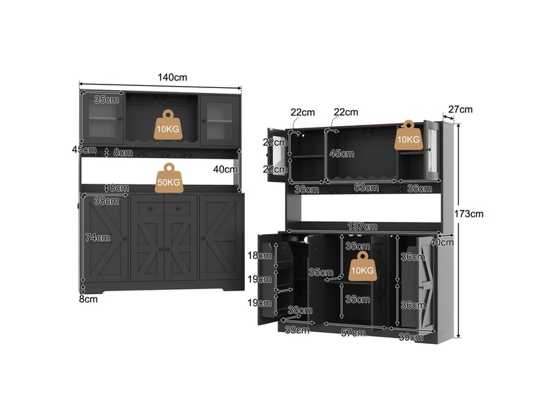  Vitrine 140 x 40 x 173 cm éclairage led meuble de rangement armoire haute portes en verre acrylique rangement à provisions rangements à bouteilles supports à verres à vin prises électriques intégrées  - Conforama C
