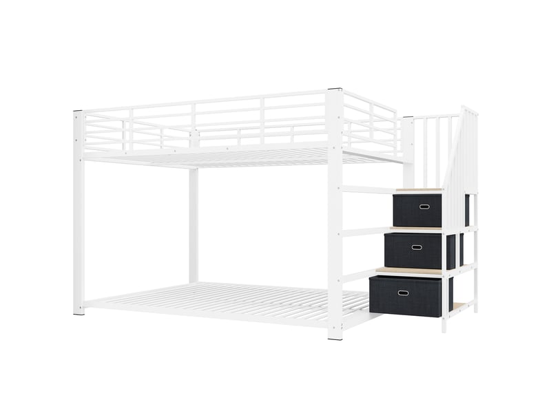 Lit superposé adulte en métal blanc 140x200 cm, escalier réversible, led et prises - Conforama D