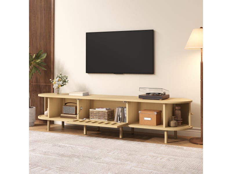  Meuble tv ovale design – 180x40x40 cm, bois clair et rotin, mdf, porte roulante et porte pliante, 30 kg  - Conforama D
