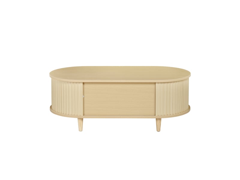  Table basse ovale avec tiroir, rangement ouvert et porte à rideau 100×50×36 cm en mdf chêne  - Conforama D