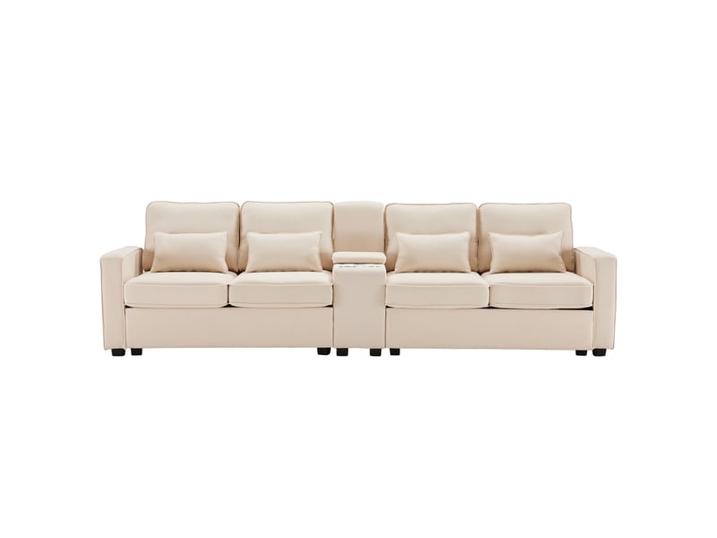 Canapé droit 4 places beige, revêtement en tissu lin, design moderne avec coussins de soutien intégrés - Conforama A