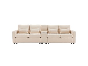 Canapé droit 4 places beige, revêtement en tissu lin, design moderne avec coussins de soutien intégrés