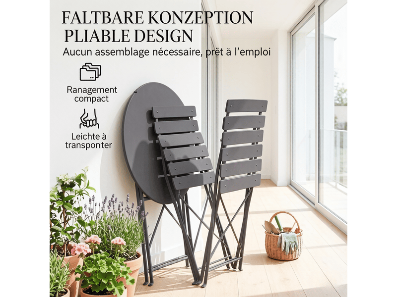  Ensemble table et chaise de jardin avec 1 table et 2 chaises pliantes pour balcon et terrasse, métal noir  - Conforama E