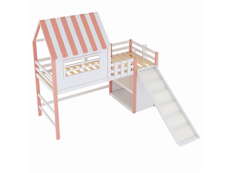 Lit mezzanine enfant 90x200 cm – rose – toit avec toboggan et étagères de rangement - sans matelas - Conforama A