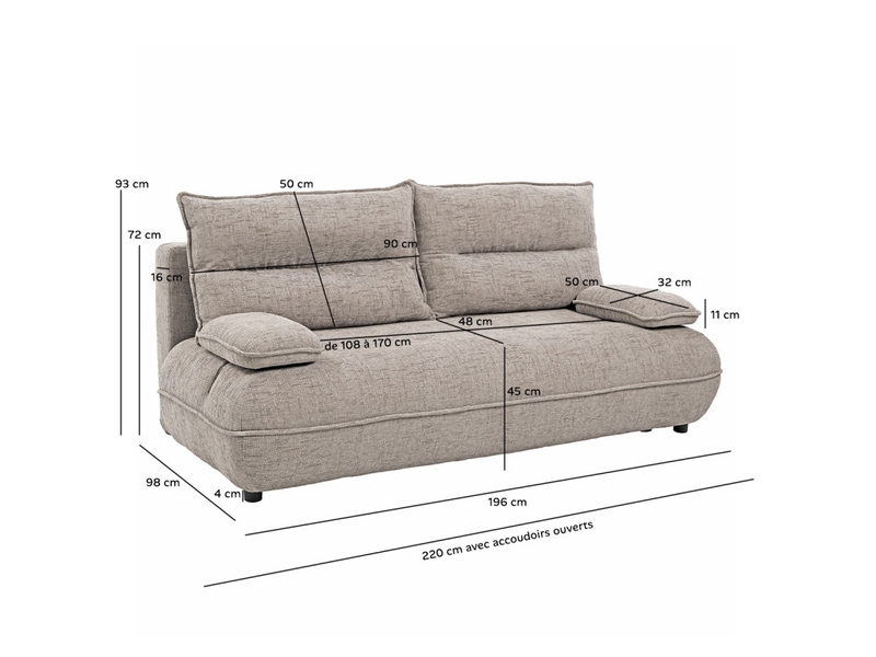  Canapé droit convertible 3p tissu taupe accoudoirs amovibles – ramona  - Conforama D