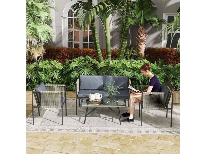  Salon de jardin 4 pièces 116x65x68 cm – gris – canapé 2 places, 2 fauteuils et table en verre trempé  - Conforama D