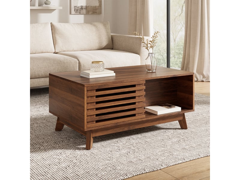  Table basse 90x55x57,5 cm, plateau relevable, grand rangement, porte coulissante, style vintage pour salon et séjour - noyer  - Conforama B
