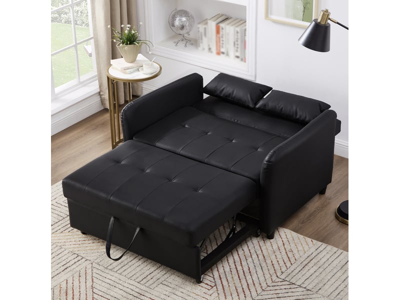 Canapé droit convertible 2 places noir antique en cuir régénéré, dossier réglable 3 positions pour petits espaces - Conforama E