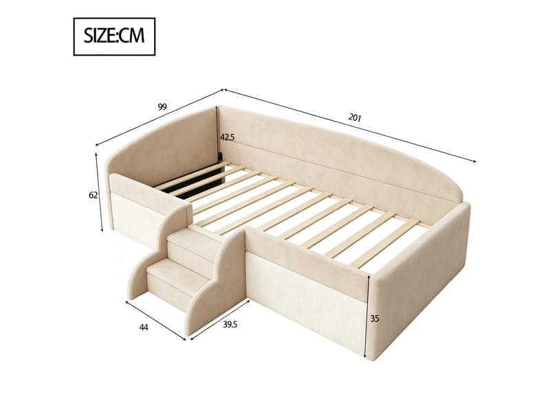  Lit pour enfant, 90x190 cm, avec sommier à lattes, barrières de sécurité, matelas non inclus, velours, coloris beige  - Conforama C