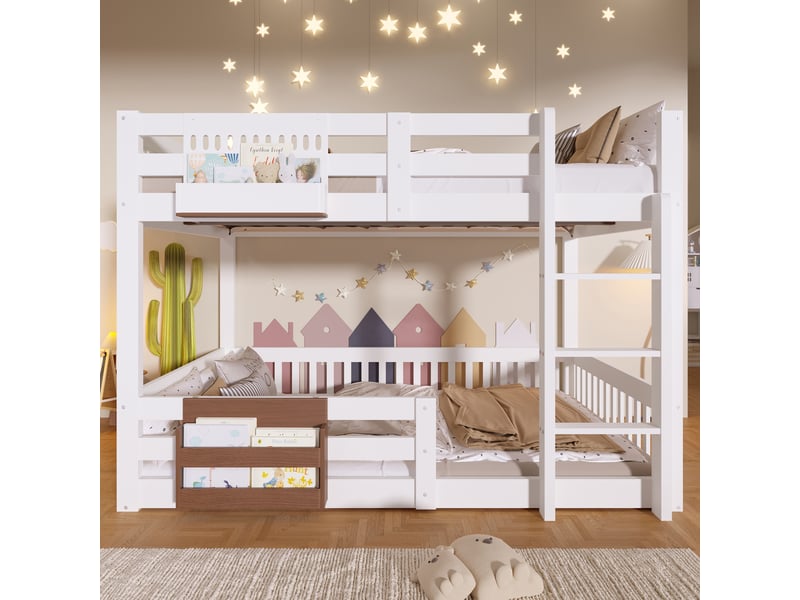  Lit superposé enfant 140x200 cm avec rangements, garde-corps de sécurité et échelle, métal, mdf et pin, blanc OPULERANE TRADING LTD - Conforama B