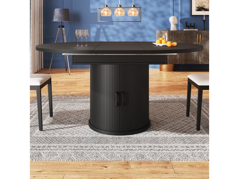  Table de salle à manger extensible avec 2 étagères et 6 pieds réglables, en mdf noire, 118×118×76,8 cm  - Conforama C