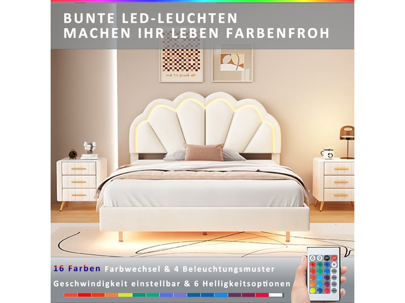 Lit enfant 2 places 140x200cm avec led, tête de lit en forme de pétales et sommier à lattes, velours beige, sans matelas - Conforama D