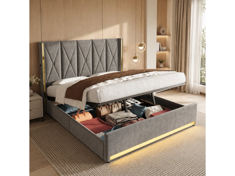  Lit coffre double 180×200 cm avec usb, type-c et led réglable - okmyhome- velours gris foncé, sans matelas  - Conforama B