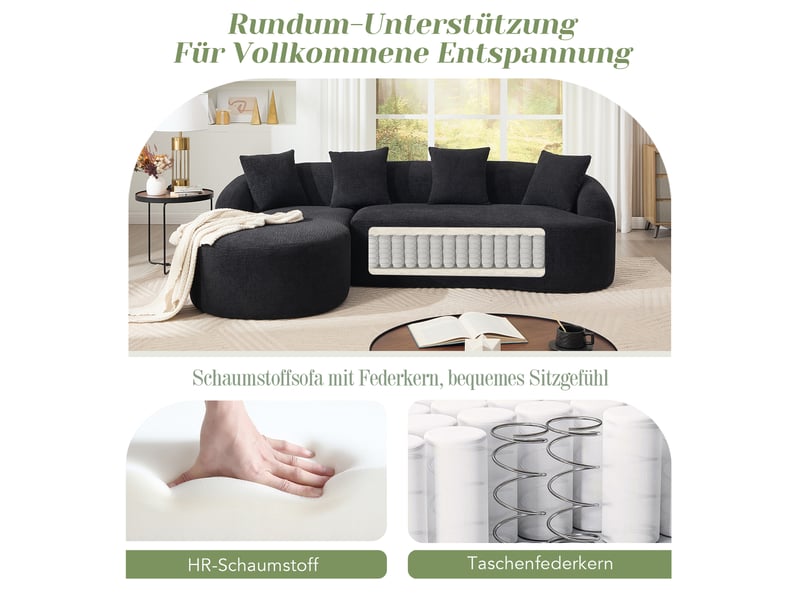  Canapé d’angle arrondi,243x150x67 cm,3 places avec méridienne gauche,chenille,noir  - Conforama E