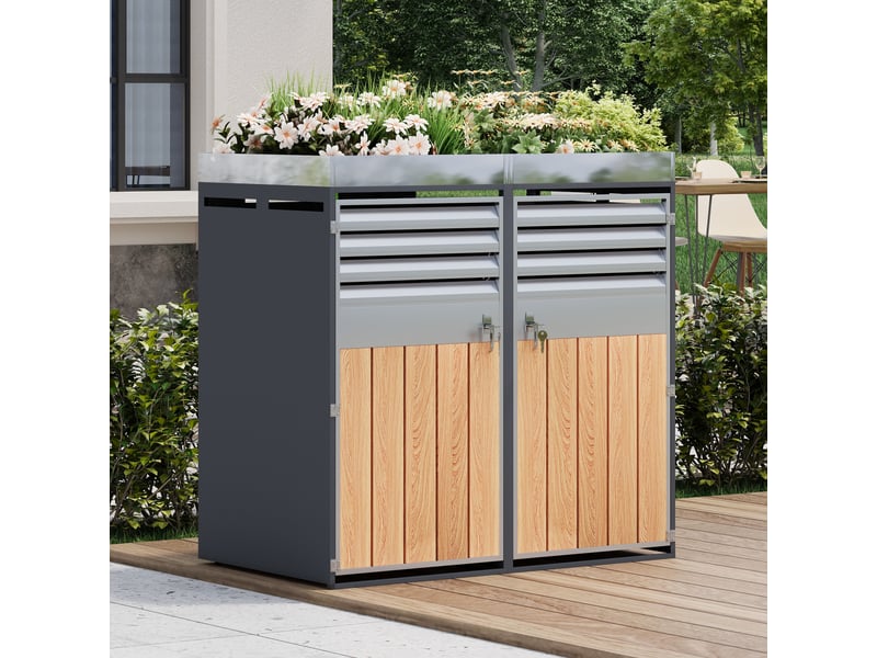  Placard à poubelles avec jardinière - gris et bois - acier galvanisé - verrouillable 132x80x124.5cm - Conforama E