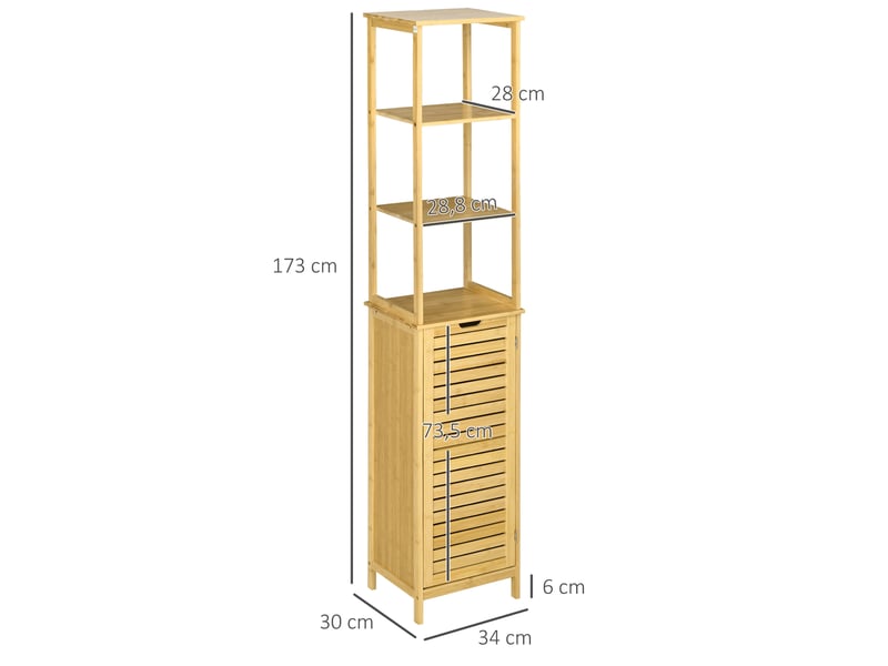  Armoire de salle de bain haute en bambou naturel, avec 3 étagères et 1 porte, colonne de rangement, 34 x 30 x 173 cm  - Conforama E