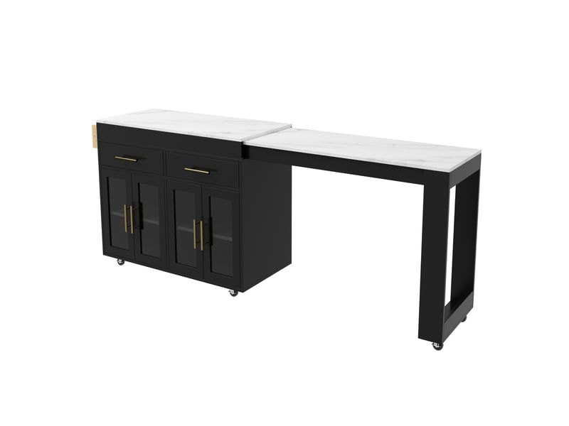  Îlot central de cuisine mobile 132,5-217x50x93 cm avec table de bar extensible,2 tiroirs et portes vitrées,mdf noir effet marbre blanc BUBBLY - Conforama A