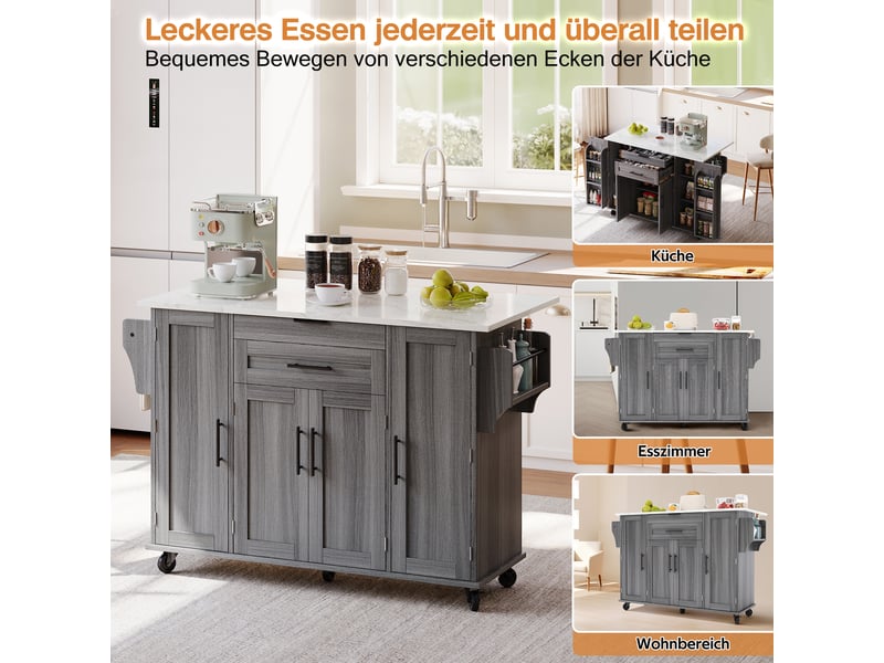  Îlot de cuisine mobile 136 × 4570 × 92 cm en mdf, plateau extensible, étagères réglables, tiroir caché et porte-serviette  - Conforama C