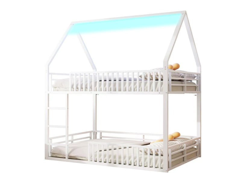  Lit superposé maison 140x200 cm blanc, avec garde-corps, led 7 couleurs, structure métal, sommier inclus, sans matelas  - Conforama A