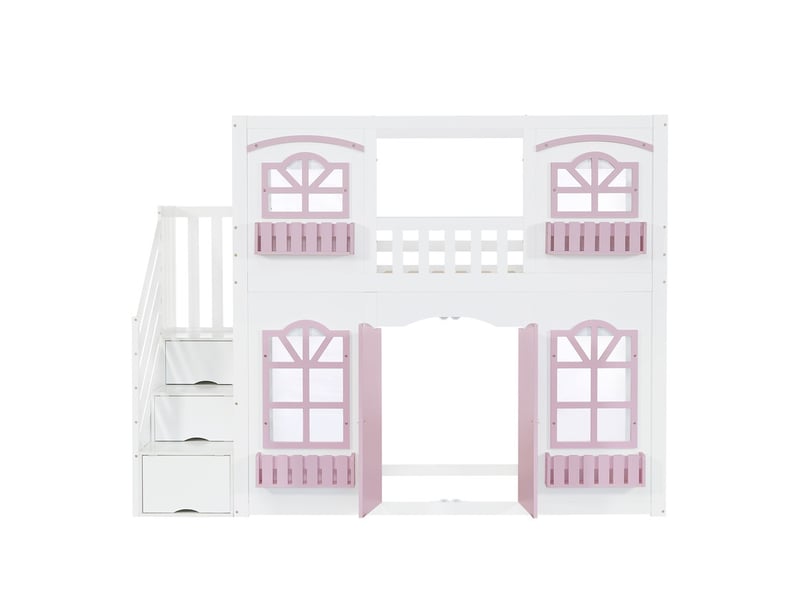 Lit superposé  90x200cm, avec fenêtres en acrylique, rangements, espace de jeu ouvert et porte battante en bas, blanc et rose  - Conforama A