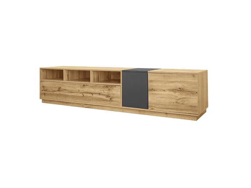  Meuble tv 200 cm, banc tv design moderne pour salon avec passe-câbles, structure en bois d'ingénierie de avec 3 niches et 3 portes, noir, naturel  - Conforama A