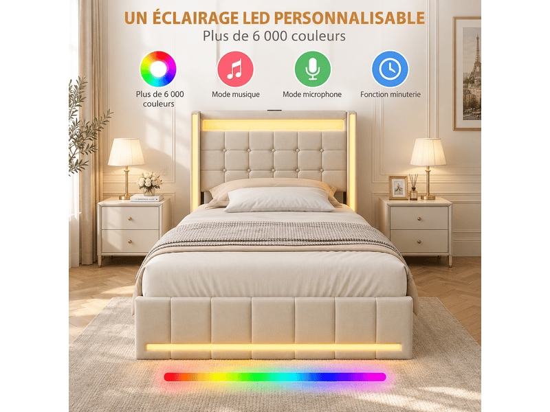 Lit simple 90 x 200 cm avec 2 tiroirs de rangement, lit enfant avec éclairage led et ports usb-c, lit 1 place avec sommier à lattes, lin beige  - Conforama C
