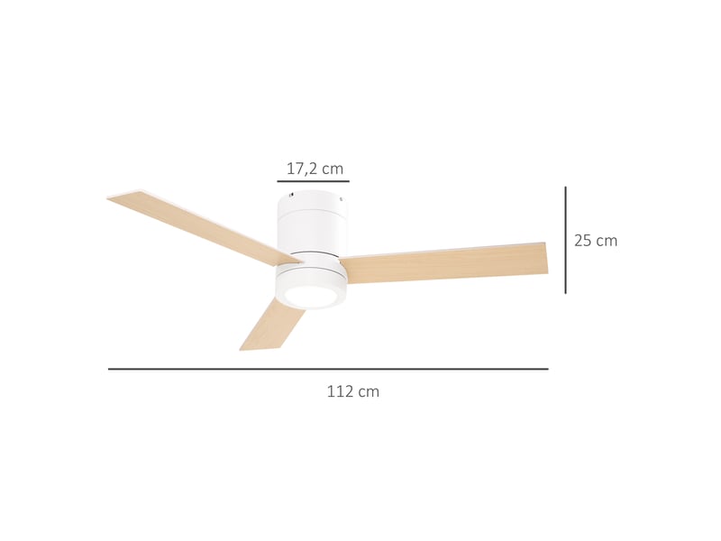  Ventilateur de plafond avec moteur ac 48 w, éclairage led, télécommande, 3 vitesses et 3 pales en bois, ø 112 x 25 cm, blanc  - Conforama E