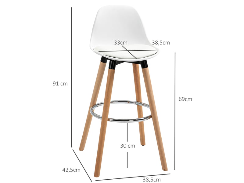  Lot de 2 tabourets de bar,38,5x42,5x91 cm,avec dossier et repose-pieds,blancs  - Conforama C