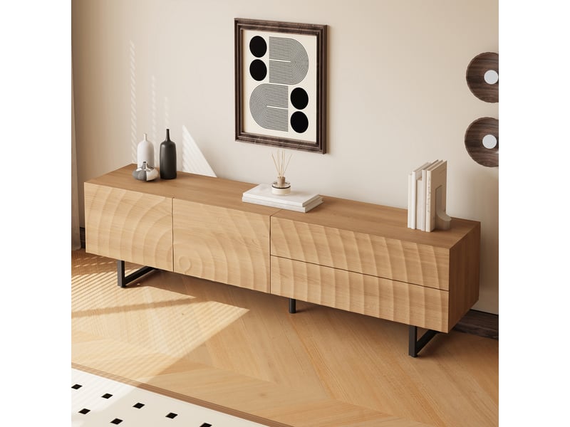  Meuble tv avec 2 portes, 2 tiroirs et passe-câbles pour salon 180×38×51,5 cm en panneaux de particules naturel  - Conforama B