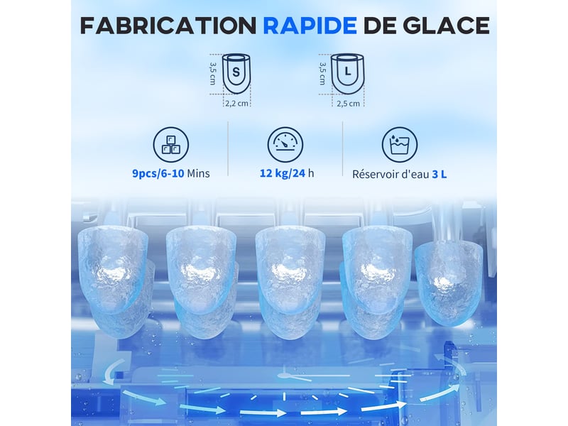  Machine à glaçons avec distributeur d'eau, ice maker, 12kg en 24h, 9 glaçons en 6-10 minutes, 25,2x38,9x36,3cm, noir  - Conforama D