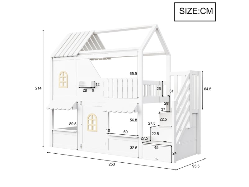  Lit superposé enfant modenvie 90 x 200 cm avec toit, fenêtres, porte ouvrante, échelle de rangement et led multicolore  - Conforama C