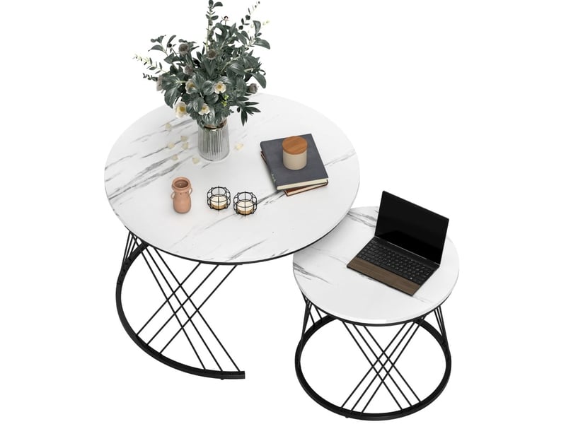  Tables basses gigognes ulevr rondes effet marbre blanc, lot de 2, ø 70 et ø 44,5 cm, panneaux de particules et métal  - Conforama A