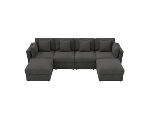 Canapé d’angle modulable en u 4-6 places 290 cm avec 2 poufs, accoudoirs réglables, tissu côtelé, gris