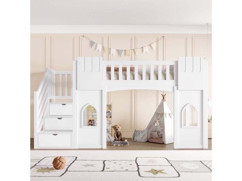 Lit mezzanine 90x200 cm blanc, avec escalier de rangement 3 compartiments, 2 fenêtres, garde-corps, sommier inclus, sans matelas - Conforama W